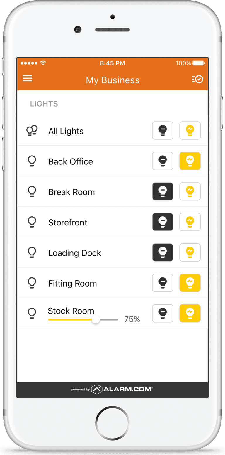 An image of an iPhone showing the MCC Secure, powered by alarm.com, MyBusiness dashboard that gives business owners the ability to turn lights on/off remotely from anywhere.
