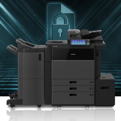 Toshiba eStudio multifunction copier in front of a security background to demonstrate how secure Toshiba copiers are.
