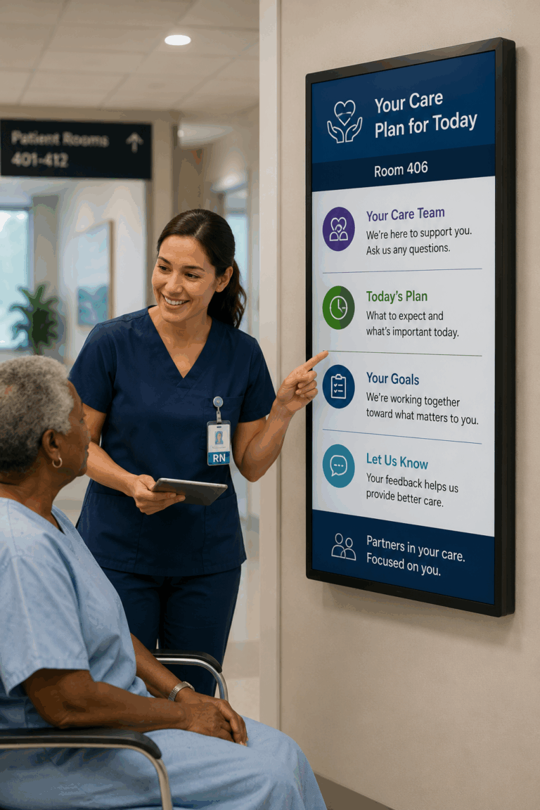 Nurse in blue scrubs showing a patient in a wheelchair a large hallway sign titled 'Your Care Plan for Today' with sections for Your Care Team, Today's Plan, Your Goals, and Let Us Know.