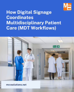 Header graphic with title 'How Digital Signage Coordinates Multidisciplinary Patient Care (MDT Workflows)' and MCCSolutions logo; hospital corridor with clinicians talking.