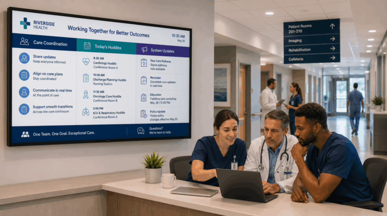Three healthcare professionals review information on a laptop at a reception desk, with a large hospital information board behind them for wayfinding.