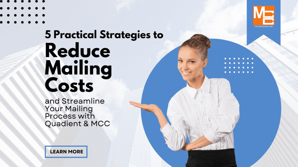 Title graphic for the MCC blog post titled 5 Practical Strategies to Reduce Mailing Costs. The graphic shows a woman pointing to the title of the blog post.