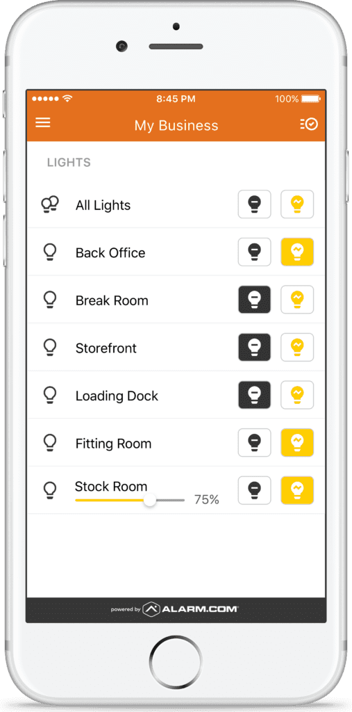 An image of an iPhone showing the MCC Secure, powered by alarm.com, MyBusiness dashboard that gives business owners the ability to turn lights on/off remotely from anywhere.