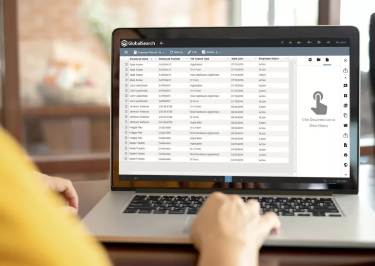 Professional woman confidently navigating the Square 9 document management software (DMS) on her computer. This image exemplifies the ease-of-use and practical benefits of integrating such robust document management systems into your business operations. See firsthand how our workflow automation can streamline tasks and boost efficiency in your daily routines.