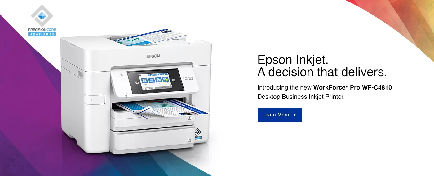 Advertising image for the Epson WorkForce Pro WF-C4810 desktop business inkjet printer. The image highlights the sleek, compact design of the printer, with its large paper capacity trays and intuitive control panel clearly visible. The Epson logo and the model name are prominently displayed, emphasizing the printer's high-quality performance and efficiency for business use.