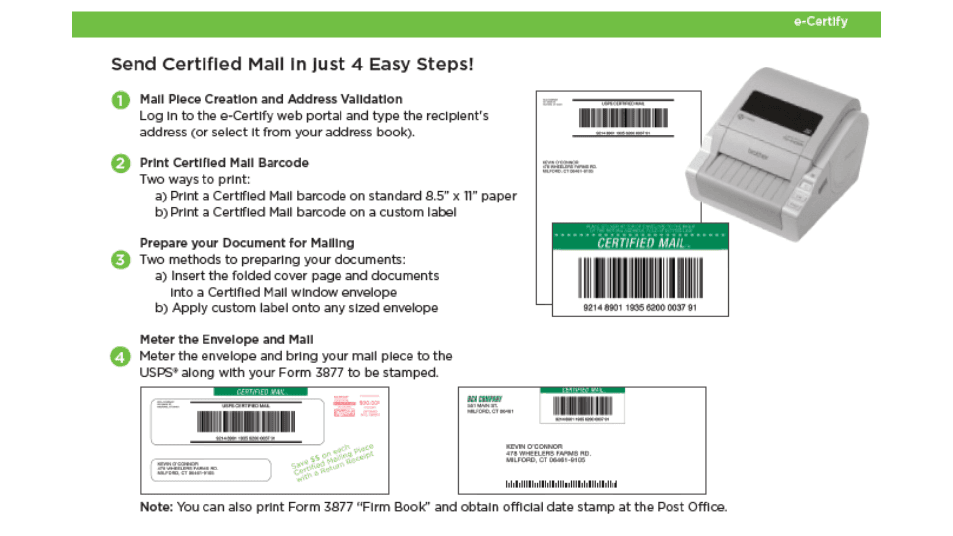 Quadient graphic showing how easy it is to use certified mail in 4 easyt steps - ConnectSuite e-Certify mailing software