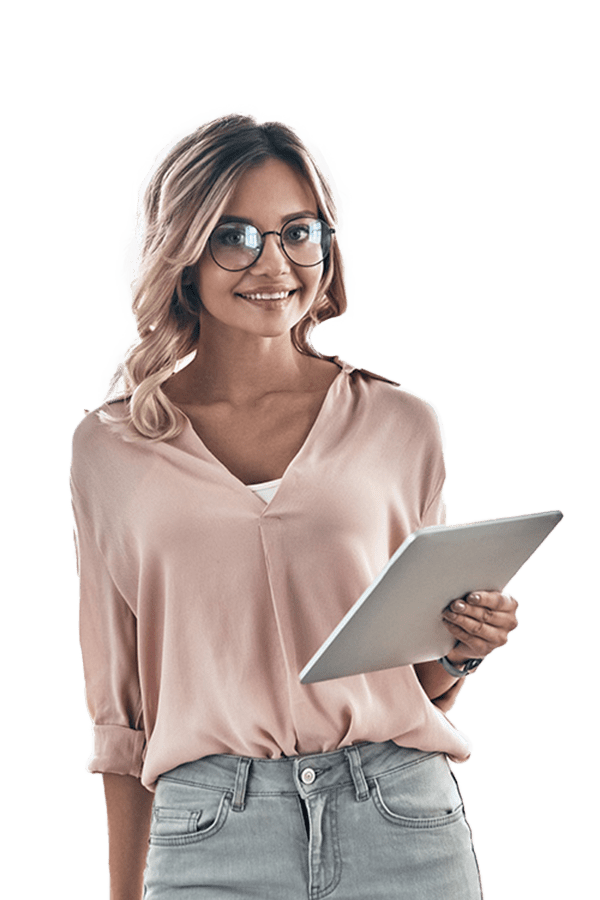 Woman in pink top holding a computer tablet