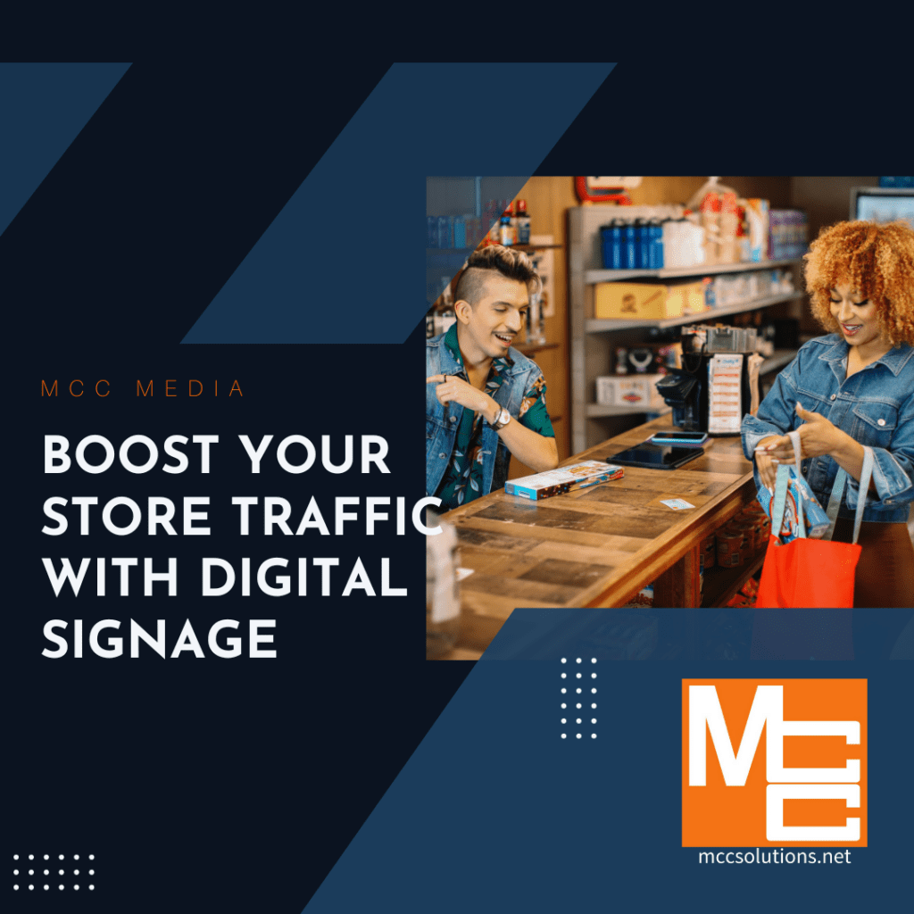 Featured image for the blog post 'Boost Your Store Traffic With Digital Signage.' The image portrays a store clerk and a customer in a retail shop, illustrating the potential increase in customer interactions and foot traffic through effective use of digital signage.