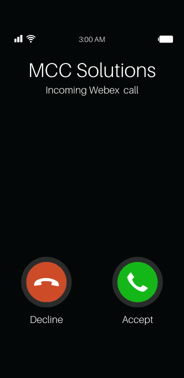 Mobile phone screen showing a Webex call from MCC Solutions