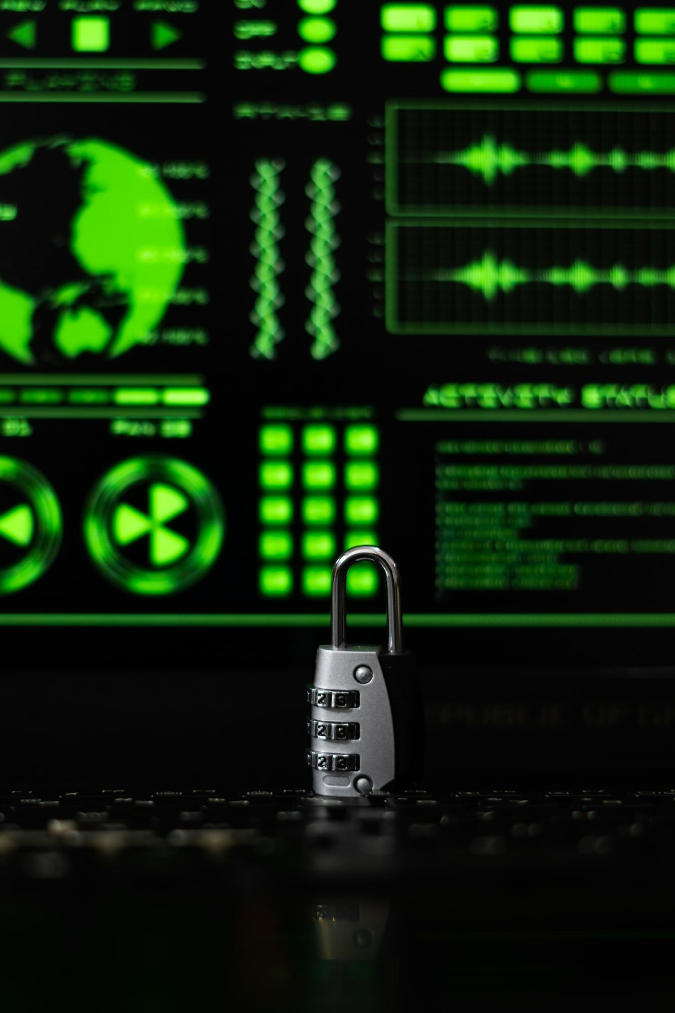 Cyber Security concept, padlock, and hacker screen