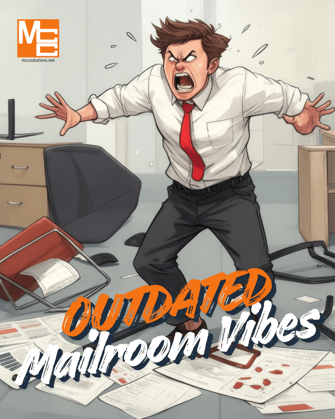Frustrated man surrounded by office chaos with text overlay - Outdated Mailroom vibes