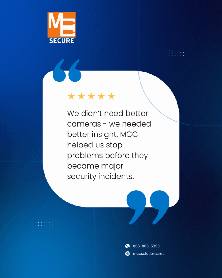Security system testimonial review for MCC Solutions about solving a security problem about needing better security insight.