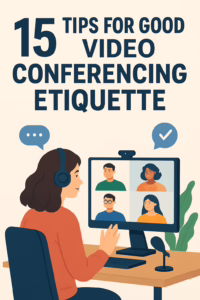 Person with headset hosting a video conference; four participants appear on the screen with the title '15 Tips for Good Video Conferencing Etiquette'.