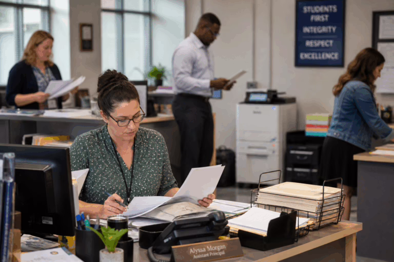Busy school office with multiple people milling about.