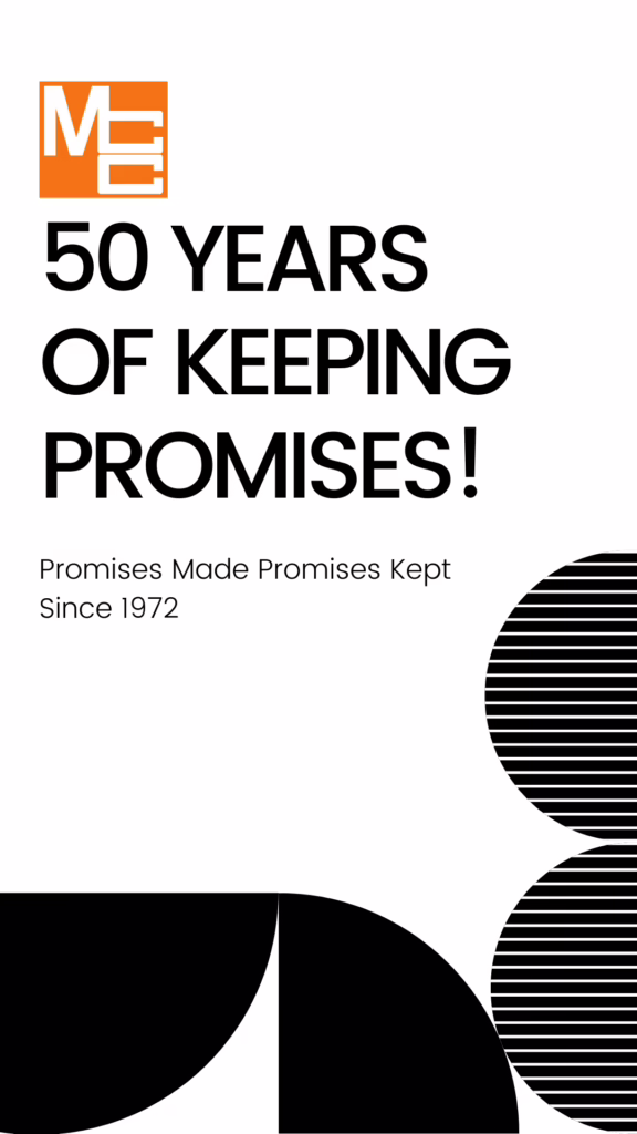 Bold poster celebrating 50 years: '50 YEARS OF KEEPING PROMISES!' with an orange logo top left and circular black/white shapes at edges.