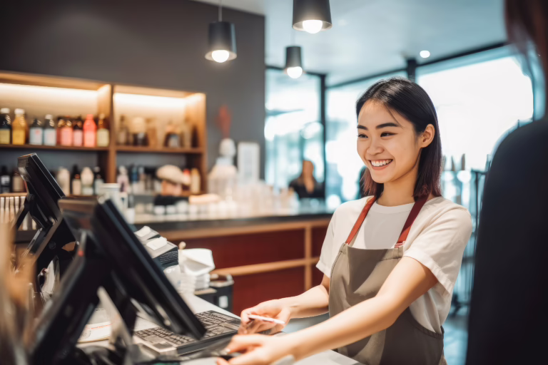 Smiling female cashier in an apron at a cafe checkout, typing on a touchscreen POS.