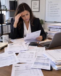 Business woman frustrated over multiple invoices from different vendors