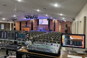 AV installation at the First Baptist Flora Church including lighting systems, sound systems, and video production systems