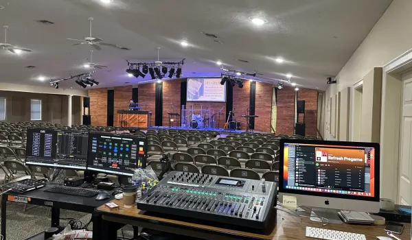 AV installation at the First Baptist Flora Church including lighting systems, sound systems, and video production systems
