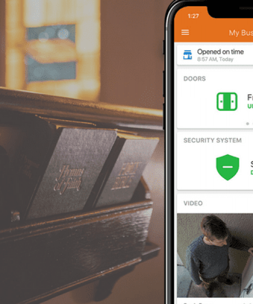 Church pew with Bibles and an overlay of an iPhone mockup with the MCC Secure dashboard displaying the video security and access control