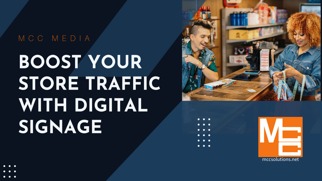 Title image for the blog post 'Boost Your Store Traffic With Digital Signage.' The image portrays a store clerk and a customer in a retail shop, illustrating the potential increase in customer interactions and foot traffic through effective use of digital signage.