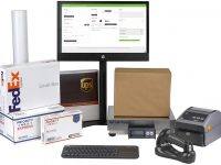 SMART-1 Image of Quadient S.M.A.R.T. mailing software with scanners, scales, and FedEx and UPS packages