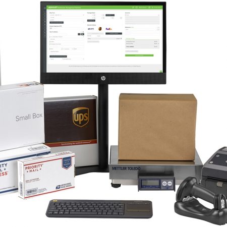 Image of Quadient S.M.A.R.T. mailing software with scanners, scales, and FedEx and UPS packages