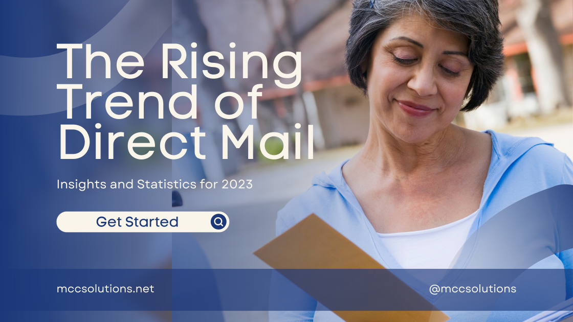 title graphic for MCC's insightful blog post, 'The Rising Trend of Direct Mail: Insights and Statistics for 2023'. The image professionally portrays a contented woman happily checking her mail, embodying the practical benefits and user satisfaction derived from MCC's direct mail solutions. A definite call to action for embracing the rising trend of direct mail in 2023.