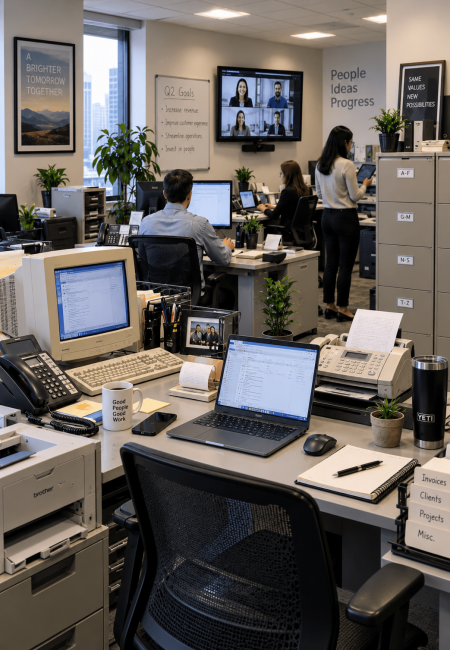 Business office with a mix of old and new technology