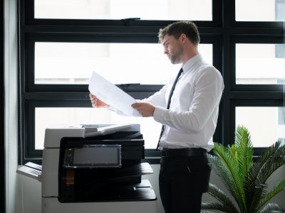 Businessman in office working with copier. Image for Office Equipment/Copiers/Printers pages of the Document Solutions section of the MCC website