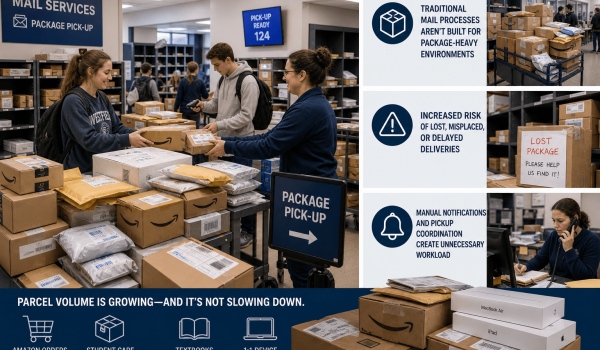Campus mailroom scene with students exchanging parcels at a package pick-up counter amid stacked boxes and a 'Package Pick-Up' sign.