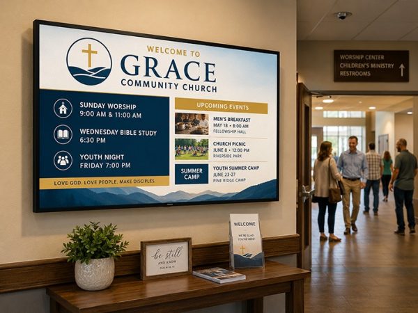 Large Grace Community Church signboard in a foyer listing worship times and upcoming events, with people walking in the hallway in the background.