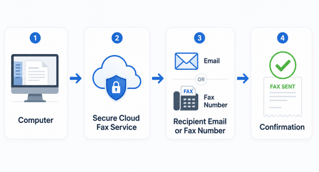 Four-step fax workflow: computer → secure cloud fax service → recipient via email or fax → confirmation (FAX SENT).