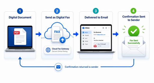 Process diagram: Digital document sent as a fax via cloud gateway, delivering to recipient's email and confirming fax sent to sender.