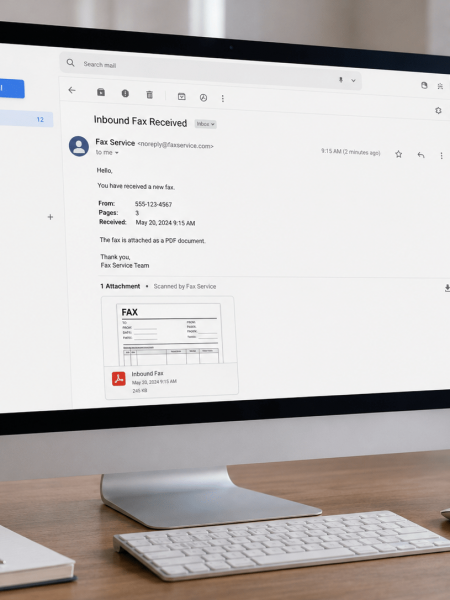 Screenshot of a desktop email app showing an inbound fax email with a PDF attachment in the message body.