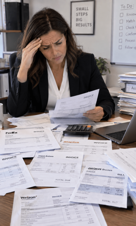 frustrated woman looking at multiple vendor invoices