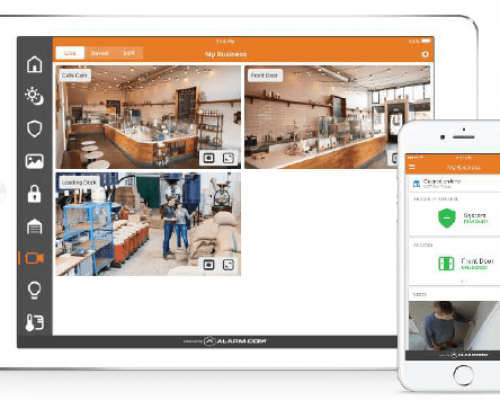 An iPad and iPhone showing the MCC Secure business security cameras on the app dashboard