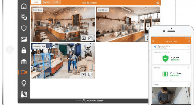 An iPad and iPhone showing the MCC Secure business security cameras on the app dashboard