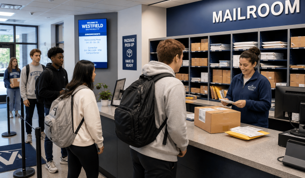 Colleger students standing in line at a campus mailroom waiting to receive their mail and packages.