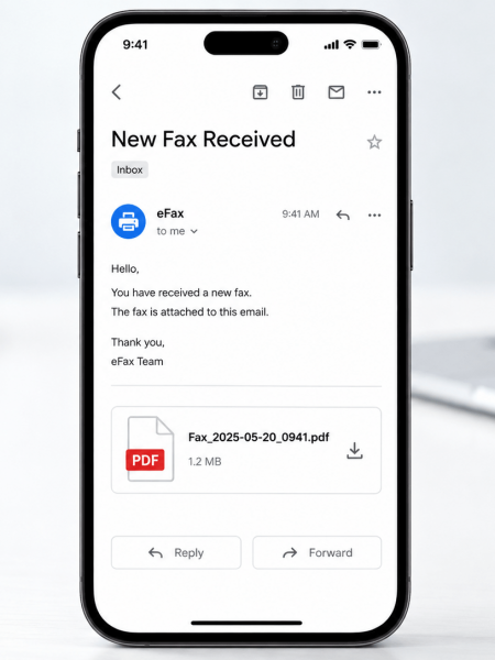 Phone screen showing an email titled 'New Fax Received' with a PDF attachment