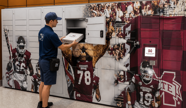Postal worker in a blue uniform places a pizza box into a locker panel decorated with Mississippi State football imagery.