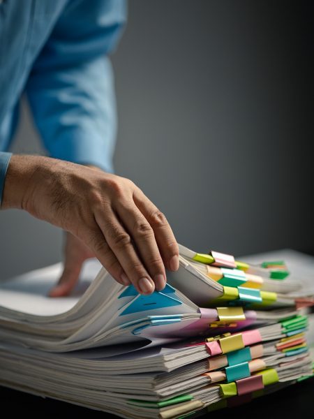 Person in a blue shirt flips through a tall stack of documents marked with colorful sticky tabs.