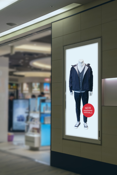 Digital signage outside a clothing store showing some "new arrivals" in men's clothing