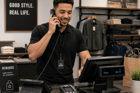 Worker answering the business phone in a retail clothing store