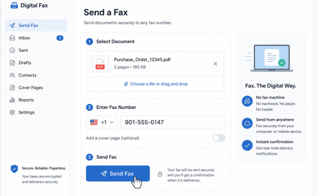 Send a Fax interface: upload a PDF, enter the number, and press Send Fax in a web app. An attached document shows Purchase_Order_12345.pdf and a 901-555-0147 number field is visible.