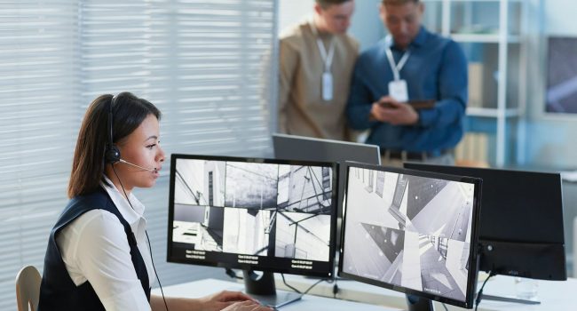 Female security guard watching CCTV security cameras