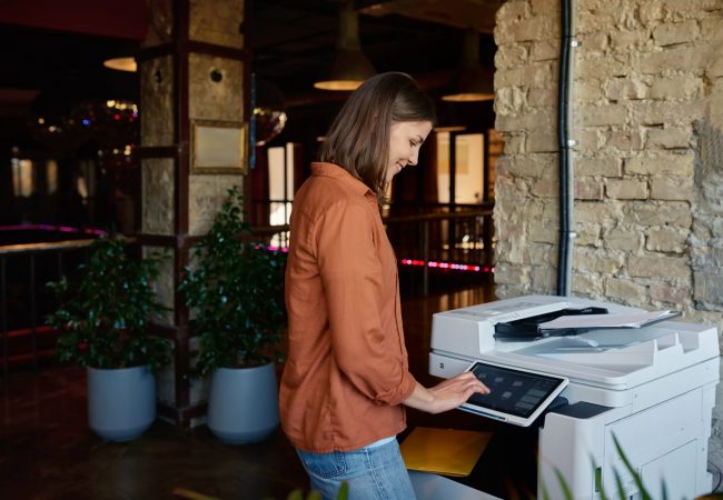 Young woman employee working on printer at coworking office - MCC Office Technology Solutions