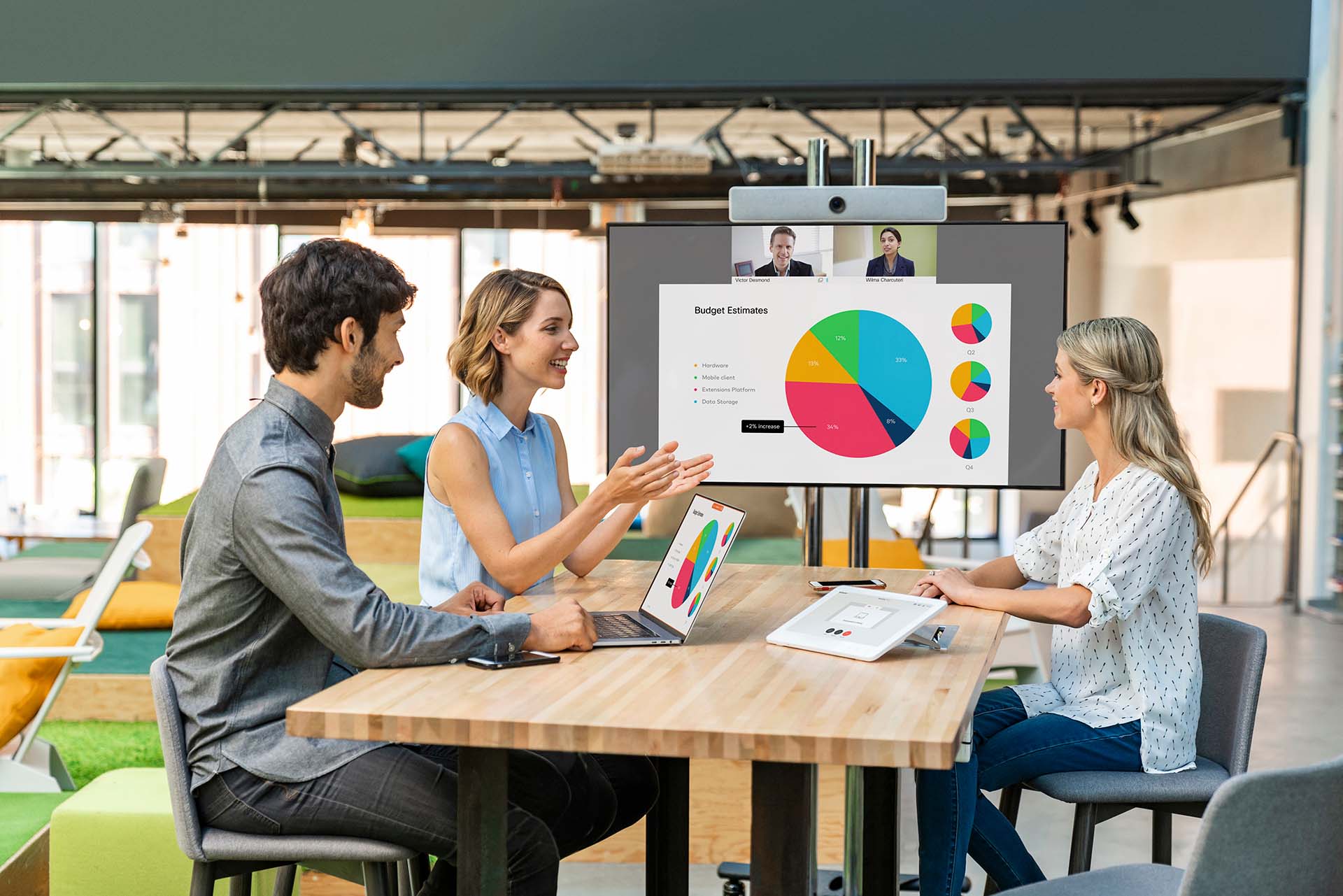 three people around a table using Webex collaboration suite