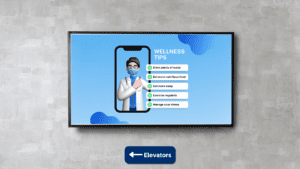 welness tips on a digital signage screen at a hospital